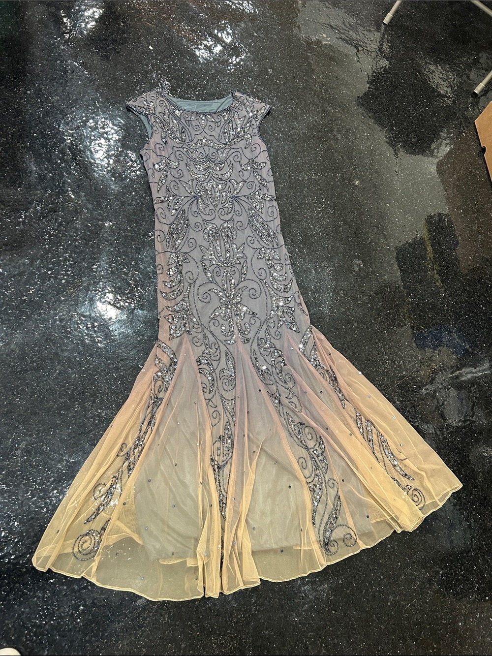 Elegant Pizarro Night Beaded Ombre Mermaid Evening Dress - Gray and Peach Sz 14